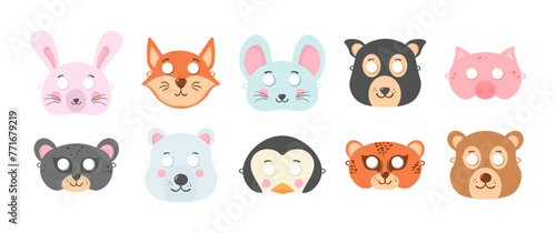 Set of assorted animal mask on face, dress-up, party accessory, DIY animal paper masks, photo booth props masks. Animals carnival mask festival decoration masquerade. Vector illustration