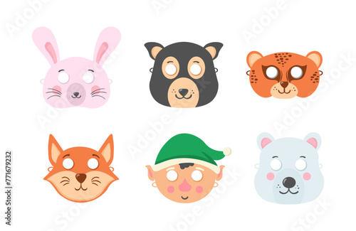 Set of assorted animal mask on face, dress-up, party accessory, DIY animal paper masks, photo booth props masks. Animals carnival mask festival decoration masquerade. Vector illustration