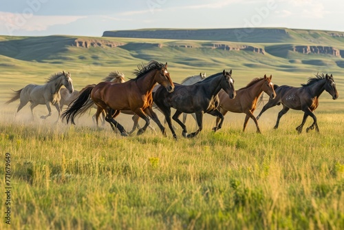 Group Of Wild Horses running Galloping Across A Meadow