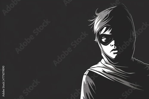 vector art of a faceless boy superhero in monochrome with a mask.
