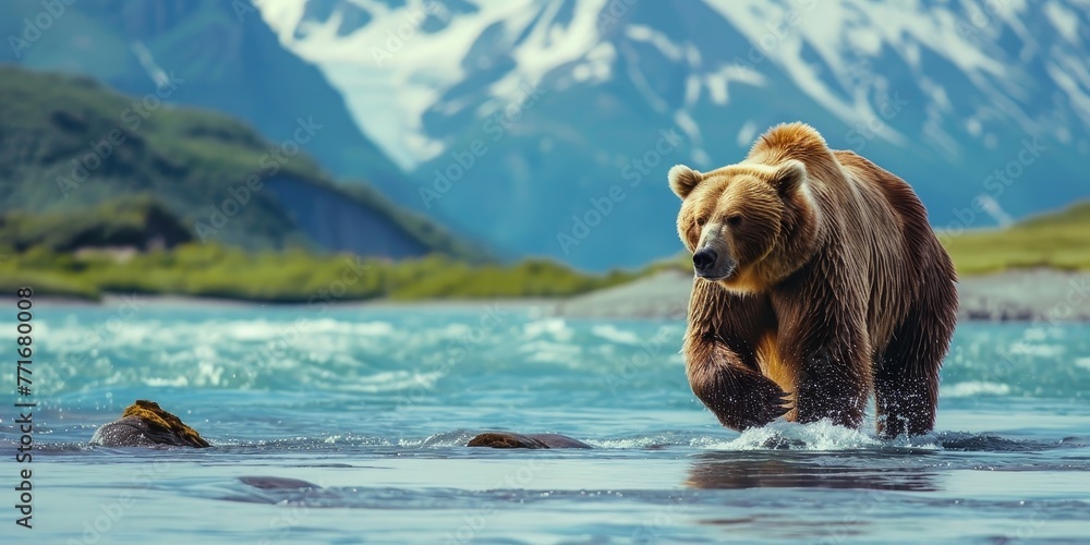 A brown bear is running through a river A brown bear is running through a river