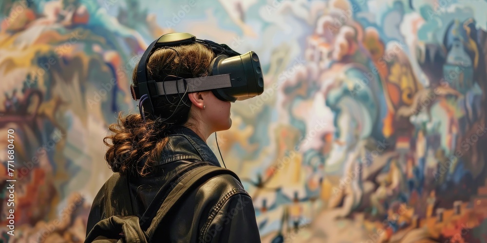 Fototapeta premium A woman wearing a virtual reality headset stands in front of a colorful painting