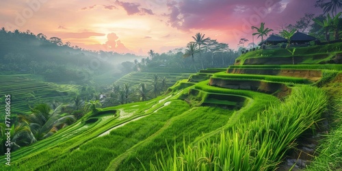 A lush green hillside with a beautiful sunset in the background
