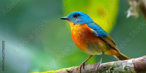 A blue and orange bird is perched on a branch