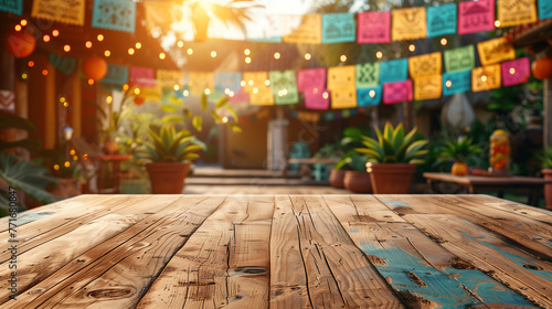 Empty wooden table top on mexican Cinco de Mayo festival background