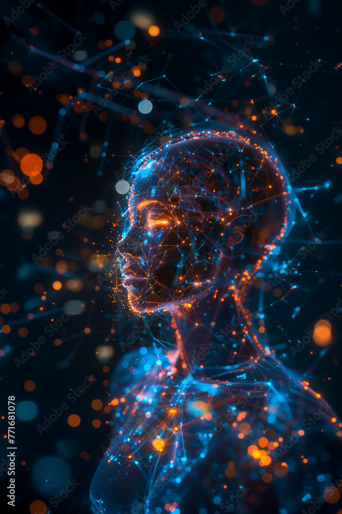 Illustration fictive d'une représentation de l'IA, intelligence artificielle, sous forme d'humanoïde cyborg numérique - réseau de neurones artificiels Illustration fictive d'une représentation de l'IA, intelligence artificielle, sous forme d'humanoïde cyborg numérique - réseau de neurones artificiels