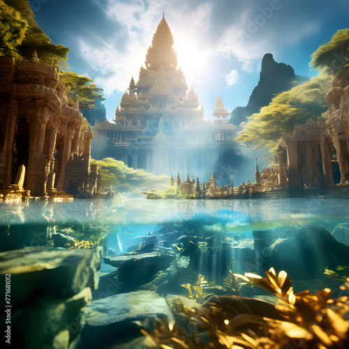 Opulent acient Temple of lost Lemuria civilization bathed in golden light around ocean. culture concept. Ai generated