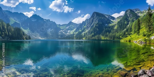 A beautiful lake surrounded by mountains with a clear blue sky © kiimoshi
