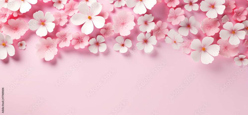 Branch of cherry blossoms on a pink background.Flowers spring design.