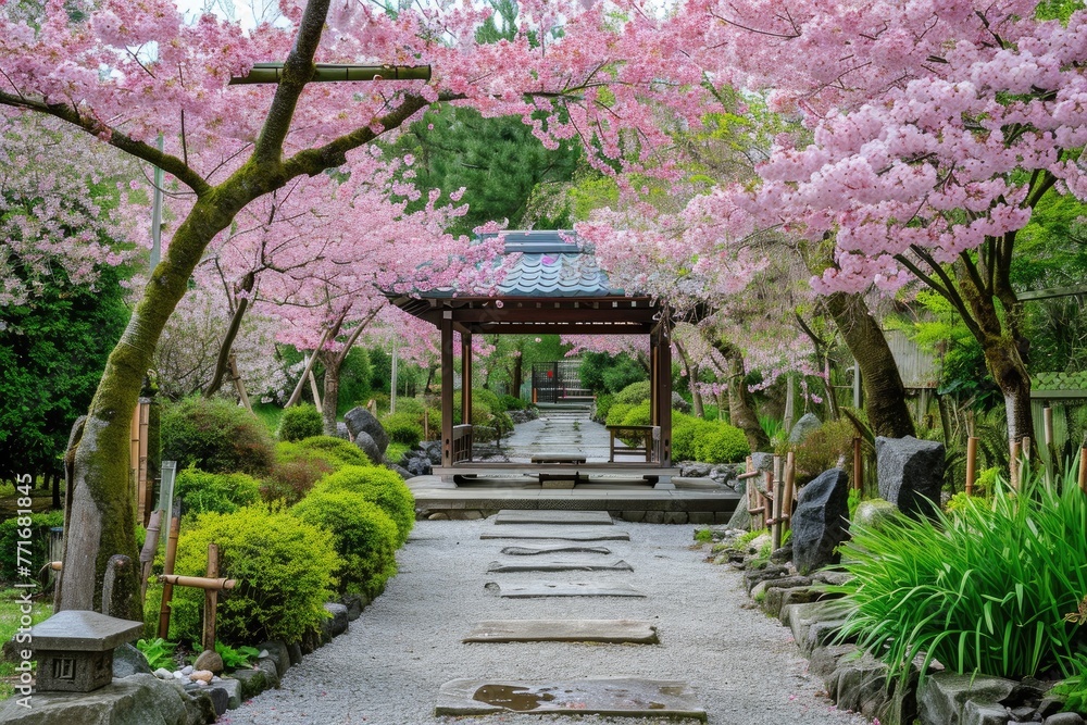 Peaceful Garden With Blooming Cherry Blossoms Peaceful Garden With Blooming Cherry Blossoms