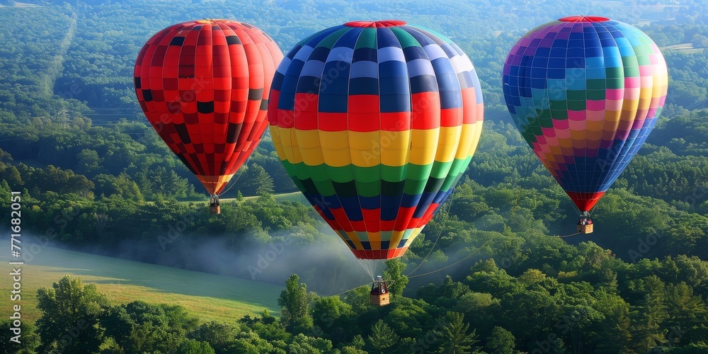 Fototapeta premium Three hot air balloons are flying in the sky, one of which is red, one is blue