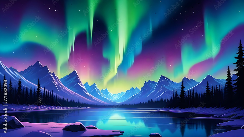 Aurora Borealis illustration, Tranquil Mountain Lake Under Northern Lights