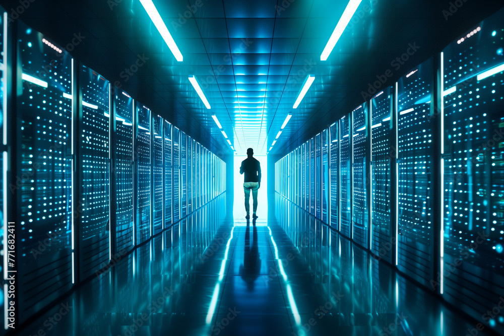Silhouette of Lone Figure Standing in Vibrant Data Center Corridor with Blue Lighting Silhouette of Lone Figure Standing in Vibrant Data Center Corridor with Blue Lighting