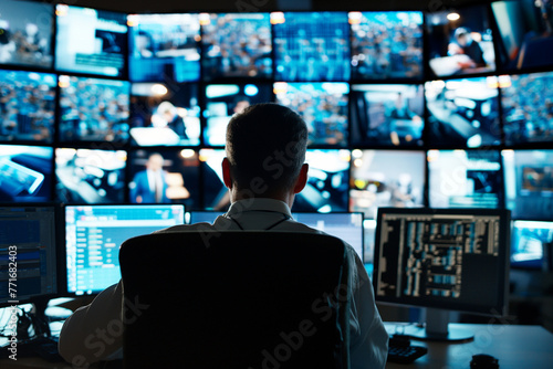 Back View of Security Professional in Control Room with Multiple Surveillance Screens photo