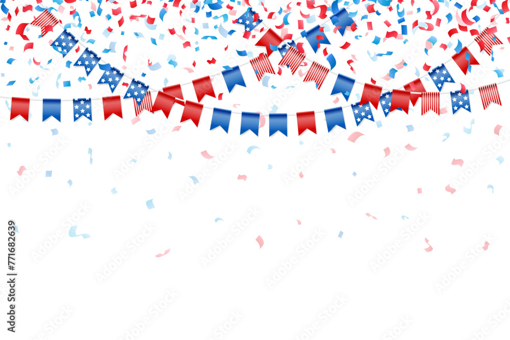 Feast flags with falling confetti for american independence day. Holiday decoration. Isolated vector design elements. Feast flags with falling confetti for american independence day. Holiday decoration. Isolated vector design elements.