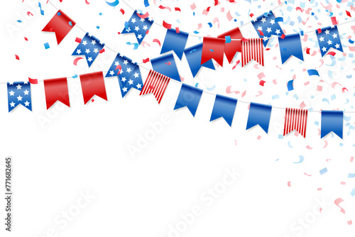 Feast flags with falling confetti for american independence day. Holiday decoration. Isolated vector design elements.