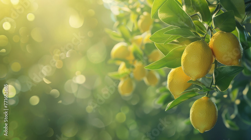 Sunlight filters through a lemon tree, highlighting the dew-kissed fruit and lush leaves.