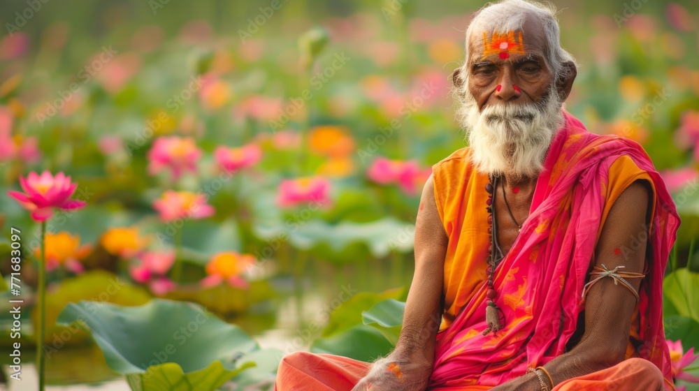 Old Man Sitting in Field of Flowers Old Man Sitting in Field of Flowers