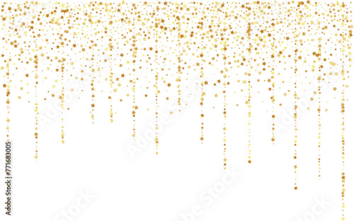 Golden stars confetti decoration.  Top border from garland and falling sparklers. Design element. Special effect on transparent background. © IlayaStudio