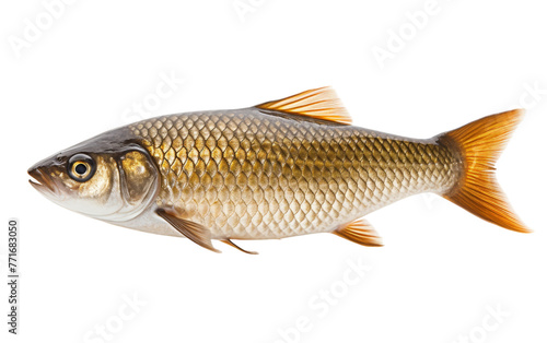 A large fish with a long tail gracefully swims in a vast white space