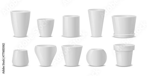 Set of realistic white ceramic flower pots isolated on transparent background. Pots of different shapes. 3D image. Design template for branding, mockup.