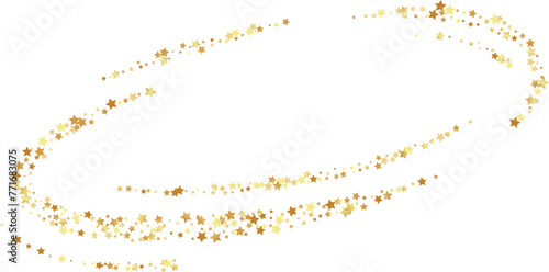 Golden stars confetti decoration. Flyinf rings. Design element. Special effect on transparent background. photo