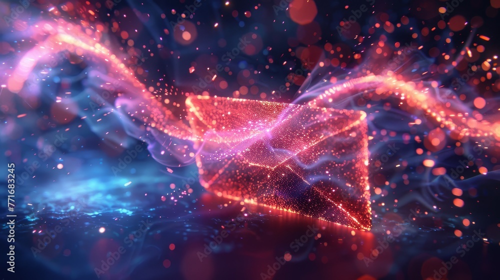A 3D envelope bursting open, revealing a digital message composed of vibrant A 3D envelope bursting open, revealing a digital message composed of vibrant