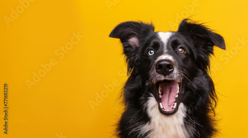A black and white dog with bright eyes and an open mouth smiles against a yellow background. © Alena
