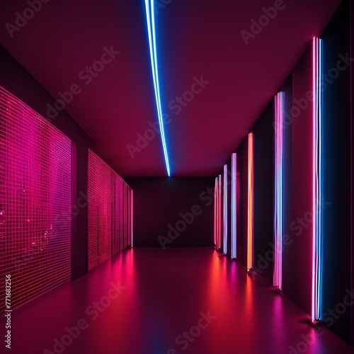 abstract neon light background with pink andn blue neon lines and reflection on the floor.