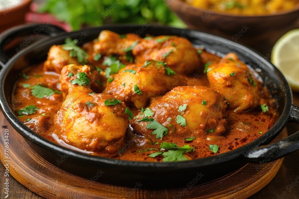 Sizzling plate of spicy Indian chicken curry photo Sizzling plate of spicy Indian chicken curry photo