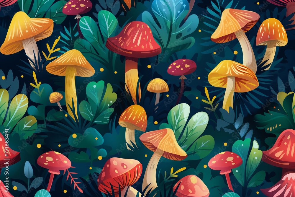 Forest glade seamless background pattern with colorful - obrazy, fototapety, plakaty 