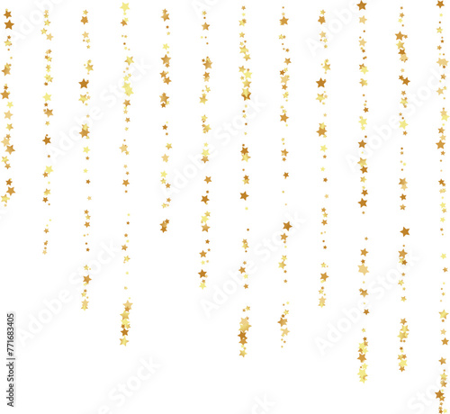 Golden stars confetti decoration. Top border from falling sparklers. Design element. Special effect on transparent background.