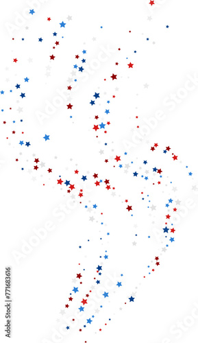 Blue and red stars confetti decoration. Vertical wavy path. Design element. Special effect on transparent background.