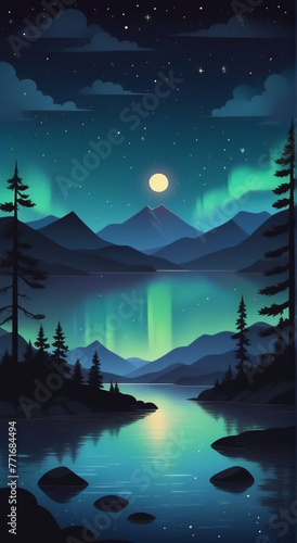 night landscape with lake and mountains
