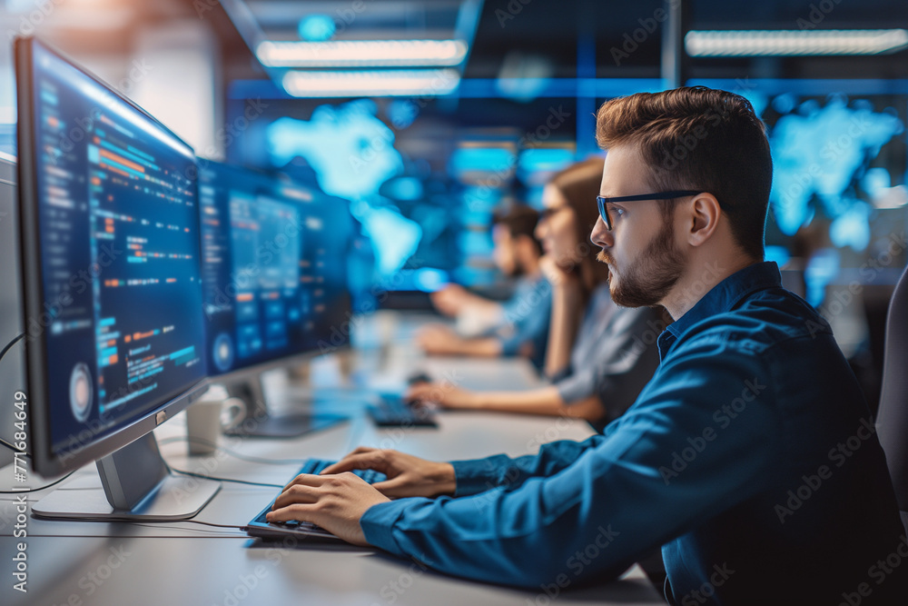 Focused Software Developer Working at High-Tech Workstation with Multiple Screens Focused Software Developer Working at High-Tech Workstation with Multiple Screens