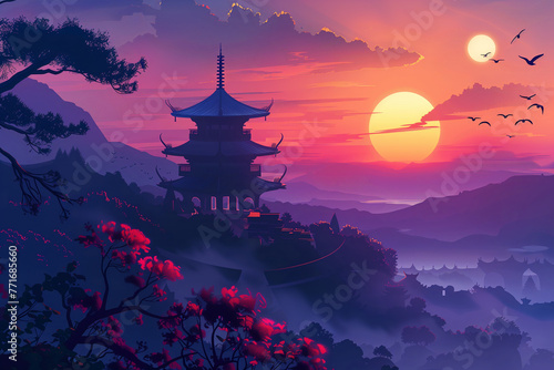 Illustration of a Buddhist temple against the backdrop
 photo