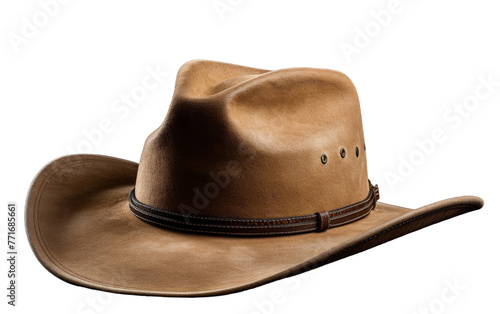 A solitary brown cowboy hat stands boldly against a stark white backdrop