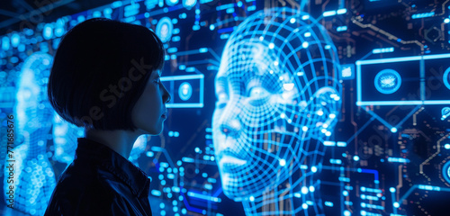 Amidst a maze of glowing displays, a roboticist meticulously adjusts the facial recognition algorithms of a humanoid robot, ensuring pinpoint accuracy in identifying individuals. © stock contributor 
