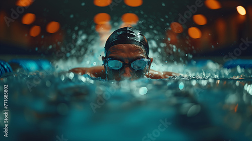 Close up of a Young man wearing a swimming cap and goggles He is competing fiercely in swimming in the pool photo