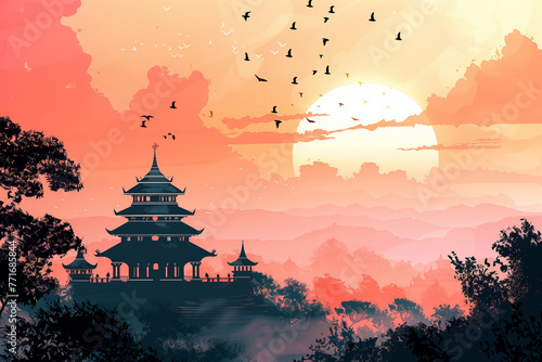 Illustration of a Buddhist temple against the backdrop 