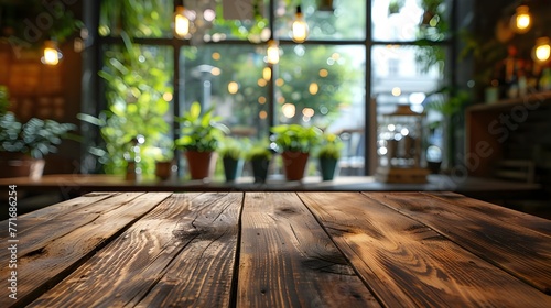 Empty wooden table top with lights bokeh on blur restaurant background ai generated  