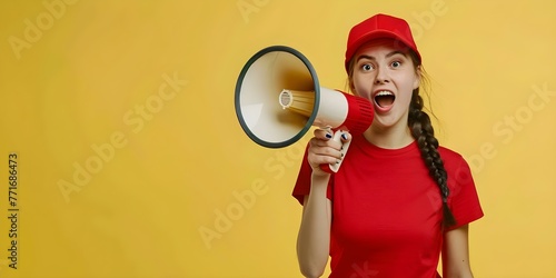 Energetic female delivery worker in red cap and blank tshirt announces discounts with a megaphone on yellow background. Concept Promotional Campaign, Female Delivery Worker, Red Cap, Blank T-shirt photo