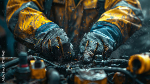 Gloved hands of a worker repairing complex machinery, detailing precision and skill. photo