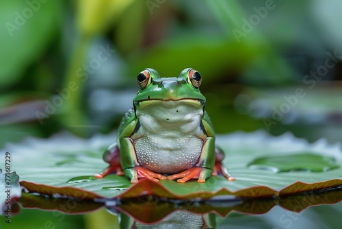 : A close-up of a frog sitting on a lily pad, with a blurred background © crescent