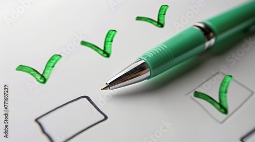 Green pen checking off items on a white checklist. Close-up shot with a focus on decision making
