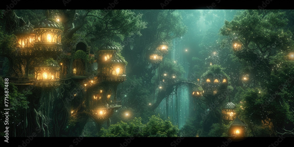 Naklejka premium A fantasy scene of a hidden elven city in an ancient forest, with magical treehouses and glowing lights. Resplendent.