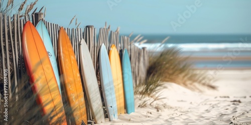 Surfboards against a fence on a dune beach. Ready for the surf's call.