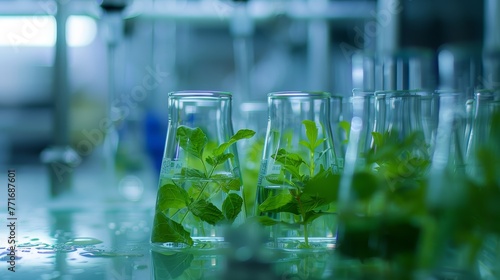 Plant specimens in scientific glassware in laboratory setting. Biotechnology research and botanical science concept