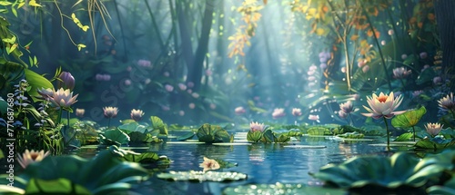 3D illustration of a tranquil forest pond with multi color waterlilies