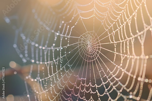 : A close-up of a spider's web with dew drops glistening in the morning light